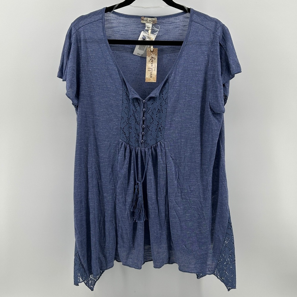 World Unity Blue Lace Trim‎ Sharkbite Hem Boho Top Plus 1X NWT Romantic Cottage